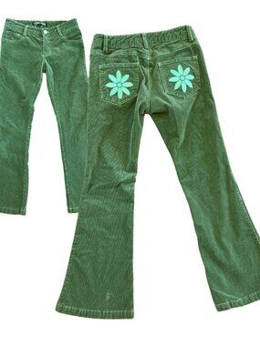 Tunnel Vision Bright Green Corduroy Low Waisted Flare Pants Embroidered Size XS